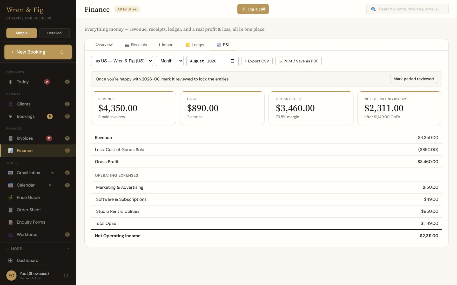 A profit and loss statement in Chalmsy for one trading entity, showing revenue, cost of goods sold, gross profit, operating expenses and net operating income, with buttons to export CSV and to mark the period reviewed.