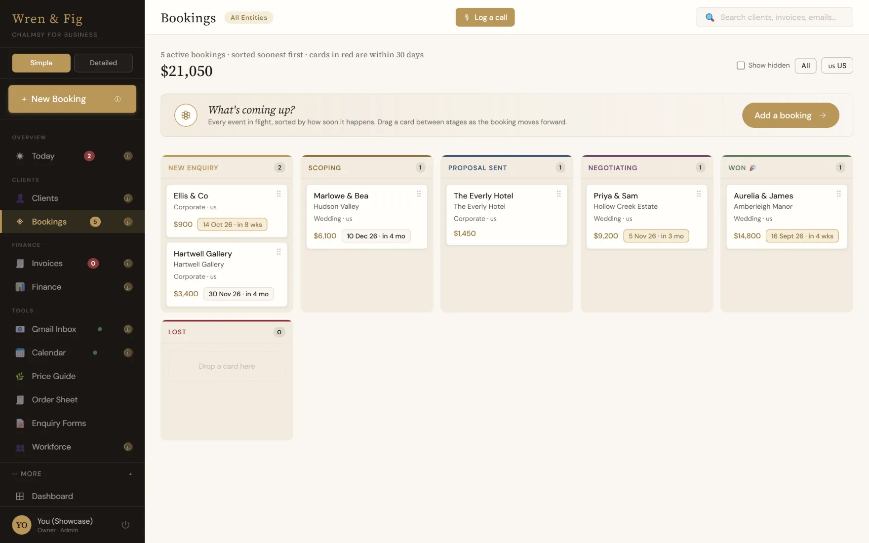 The Chalmsy bookings board with columns for new enquiry, scoping, proposal sent, negotiating and won, each card showing the client, the venue, the value and how soon the date falls.