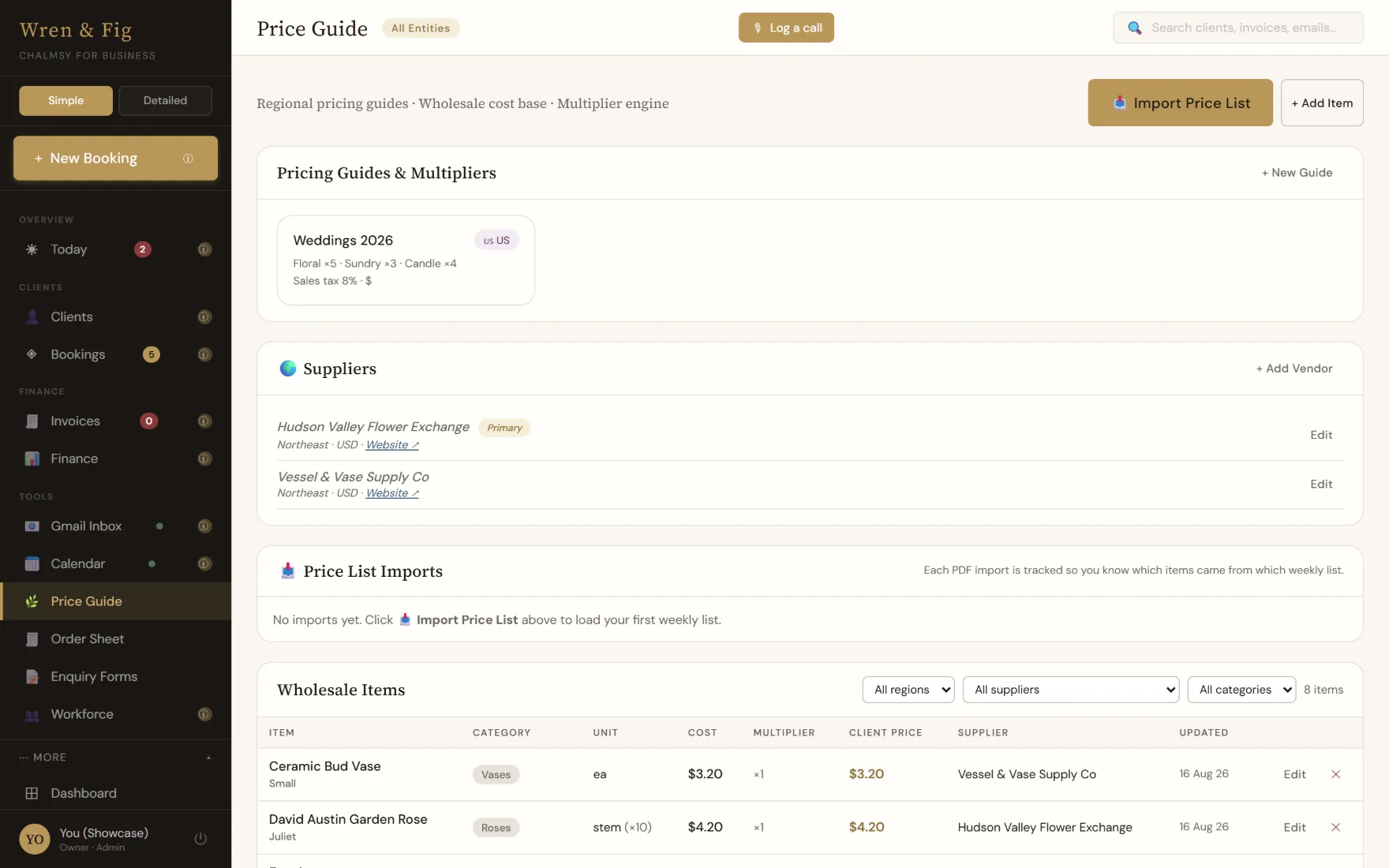 The Chalmsy price guide showing suppliers, wholesale cost, the multiplier applied and the resulting client price for each item, alongside a regional pricing guide with floral, sundry and candle multipliers.