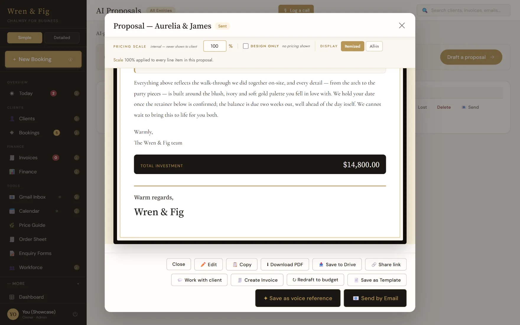The Chalmsy proposal editor showing an internal pricing scale that is never shown to the client, a design-only mode that hides pricing, an itemised or all-in display toggle, and the actions available on a finished proposal.