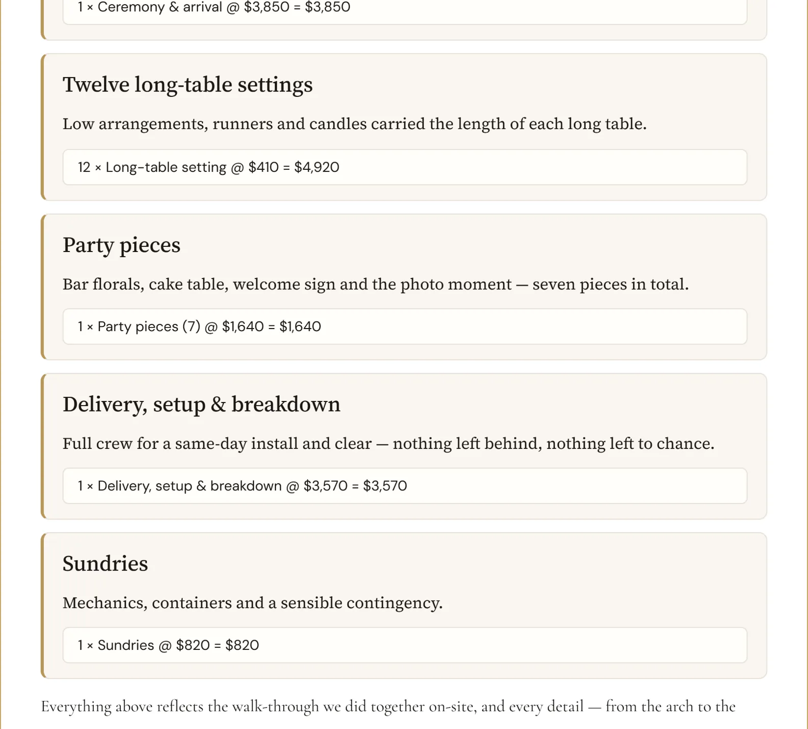 Priced sections of a Chalmsy proposal, each with its own line item: ceremony and arrival, twelve long-table settings, party pieces, delivery and setup, each costed from the business's own rates.